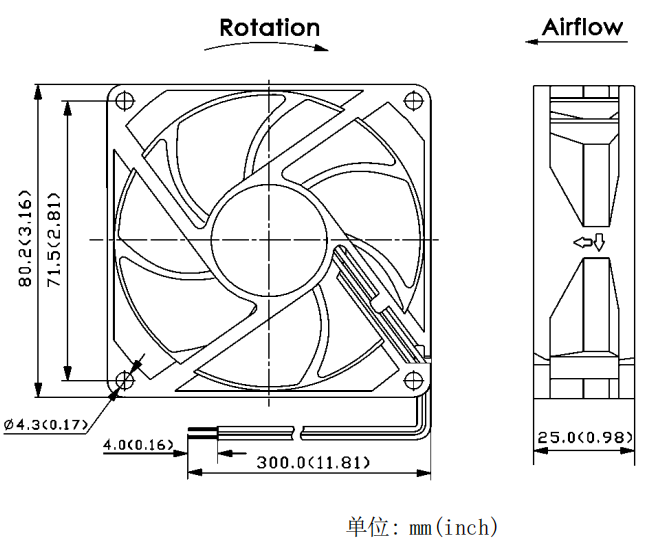 健策轴流风扇JC8025B48H-02产品尺寸图：