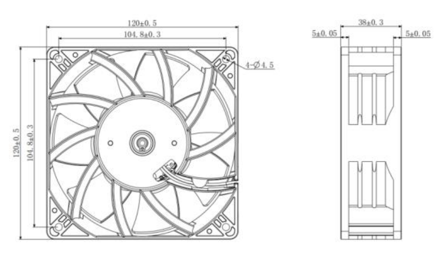 健策轴流风扇JC12038B12SC-W22121401产品尺寸图：