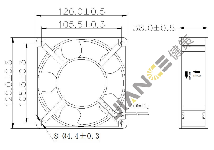 健策轴流风扇JE12038B220H-A020070701产品尺寸图：