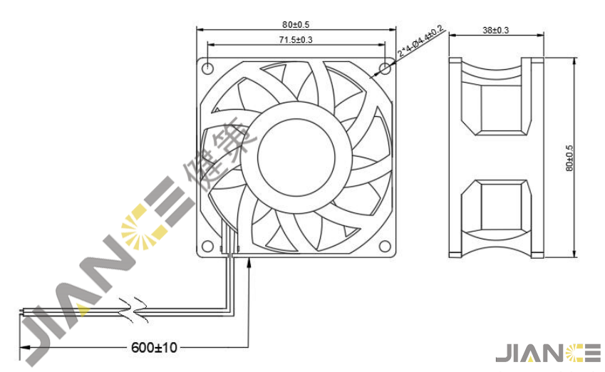 健策轴流风扇JE8038B220H-A0071产品尺寸图：