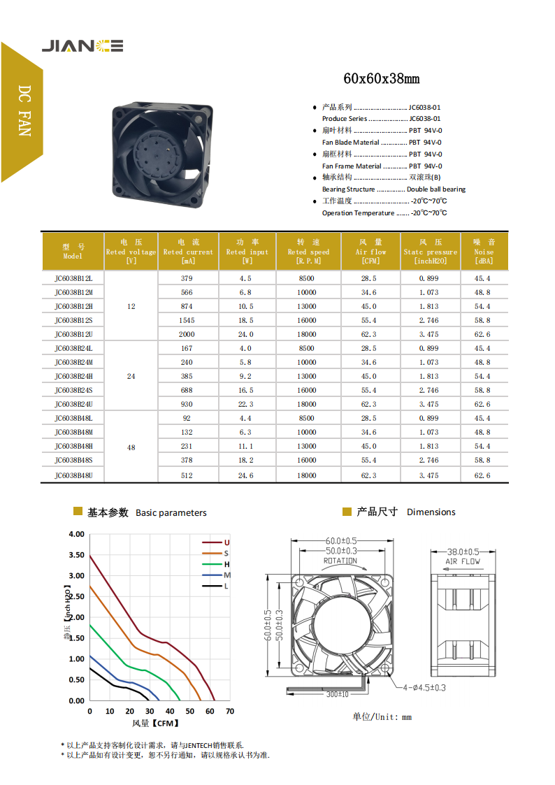 健策jentech JC6038B12LC1 散热风扇 8500RPM高风量DC风扇厂家现货
