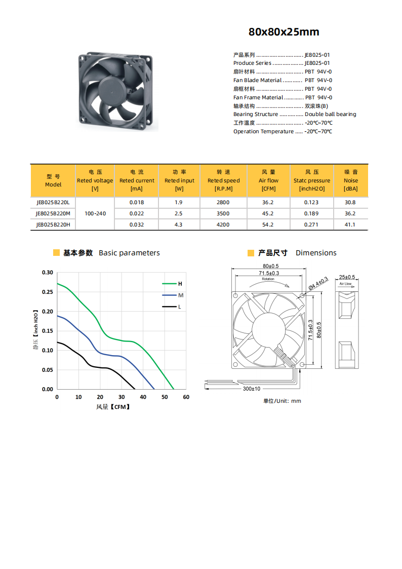 健策 JE8025B220L EC 散热风扇 80x80x25mm 双滚珠静音高效轴流风扇