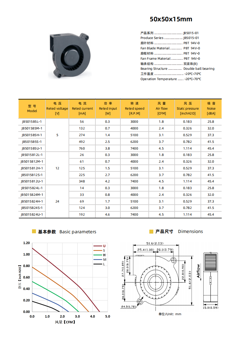 50x50x15mm直流鼓风机散热风扇厂家 JB5015B5L-1 5VDc微型涡轮风机双滚珠轴承 高效静音散热风扇