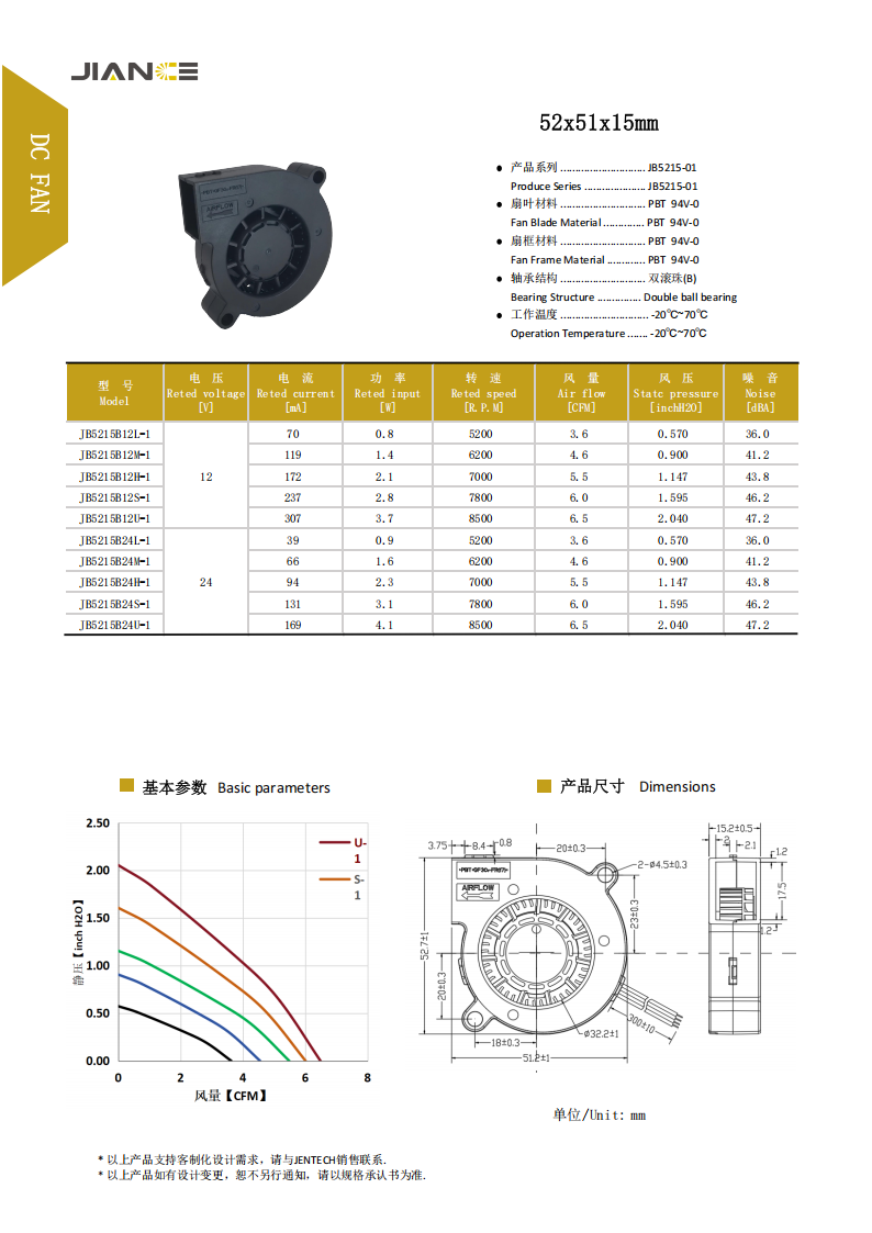 JB5215B12L-1 52×51×15mm 静音散热风扇 | 健策电子自研工业风扇厂家