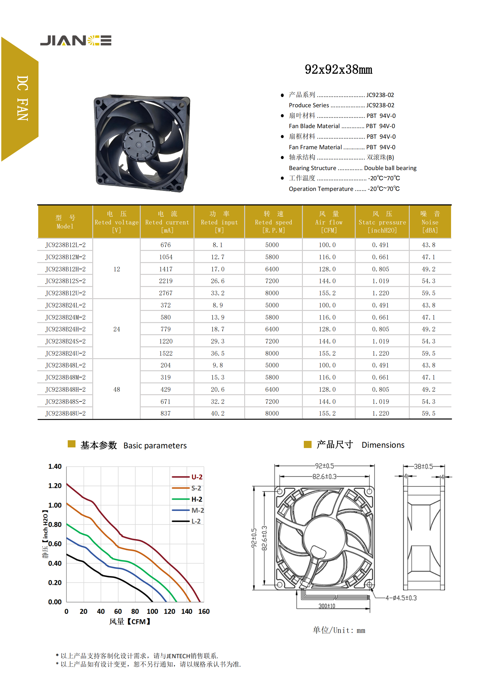 JC9238B12L-2散热风扇_12V 9238双滚珠大风量工业轴流风机厂家-健策电子